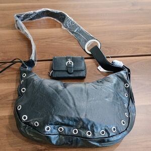 Black Soft Vegan Leather Shoulder Bag and Small Wallet